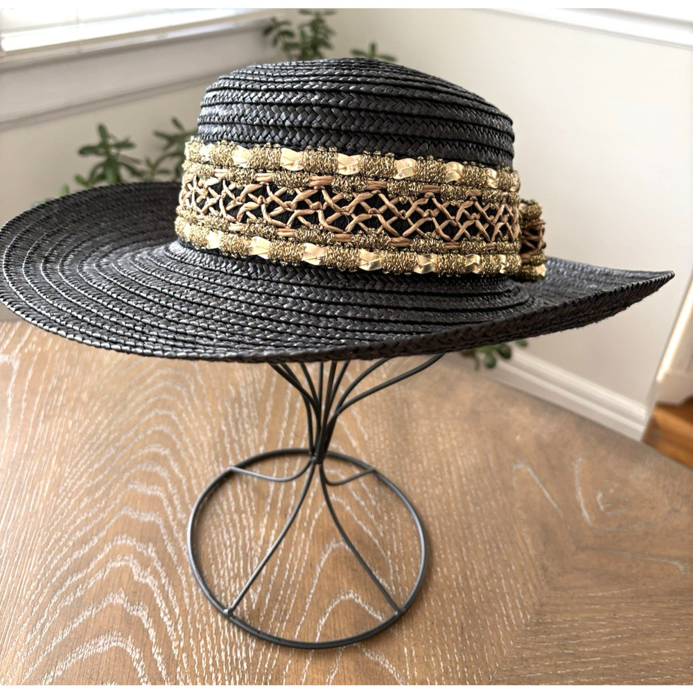 VTG Miriam Lefcourt Italian Straw Hat Ornate Metallic Copper Macrame Band